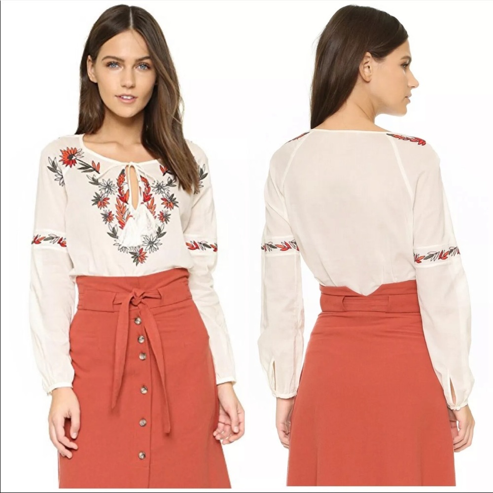 Tory Burch Embroidered Peasant Blouse Top Cream Floral 8